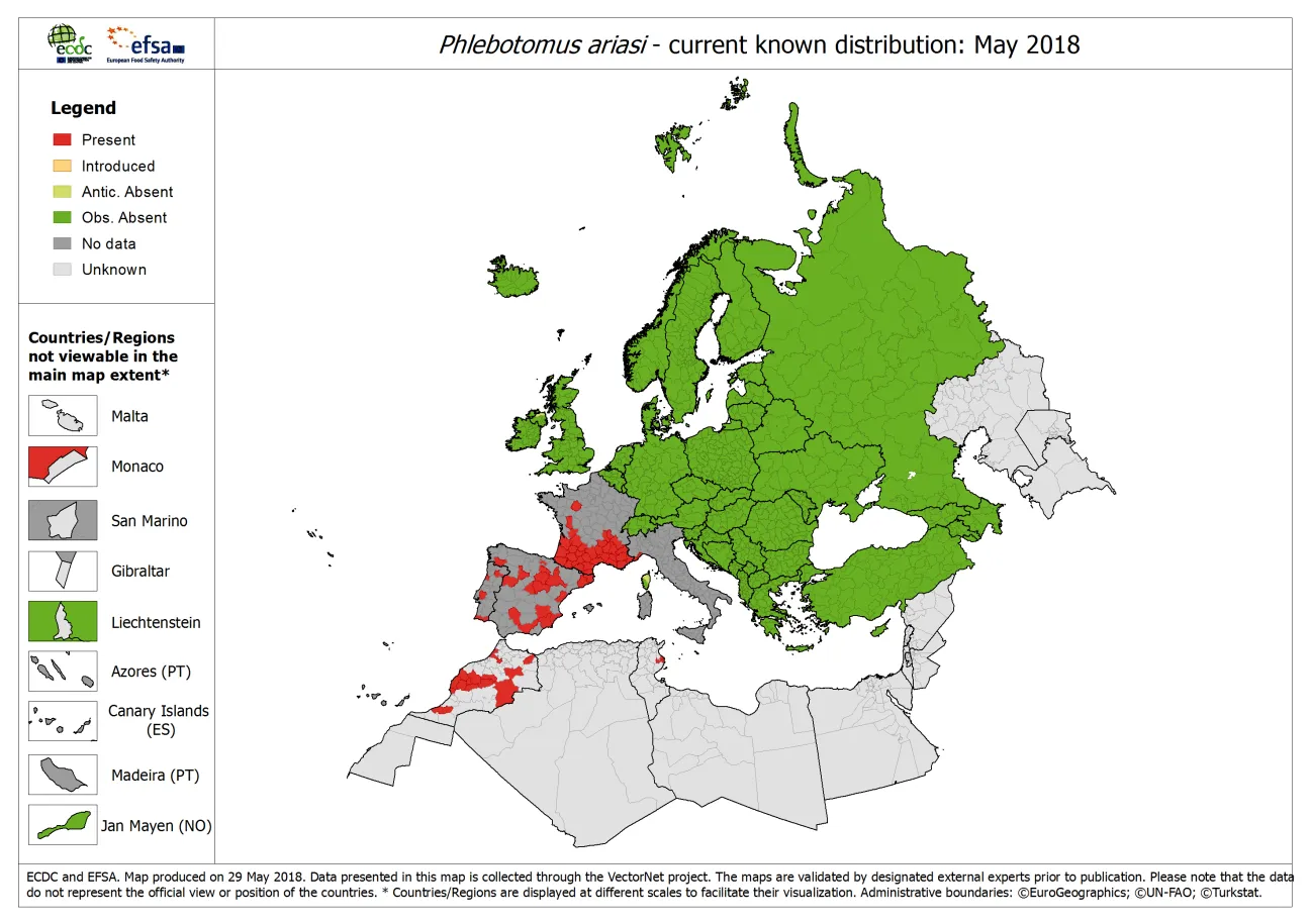 Phlebotomus ariasi - current known distribution in Europe, May 2018