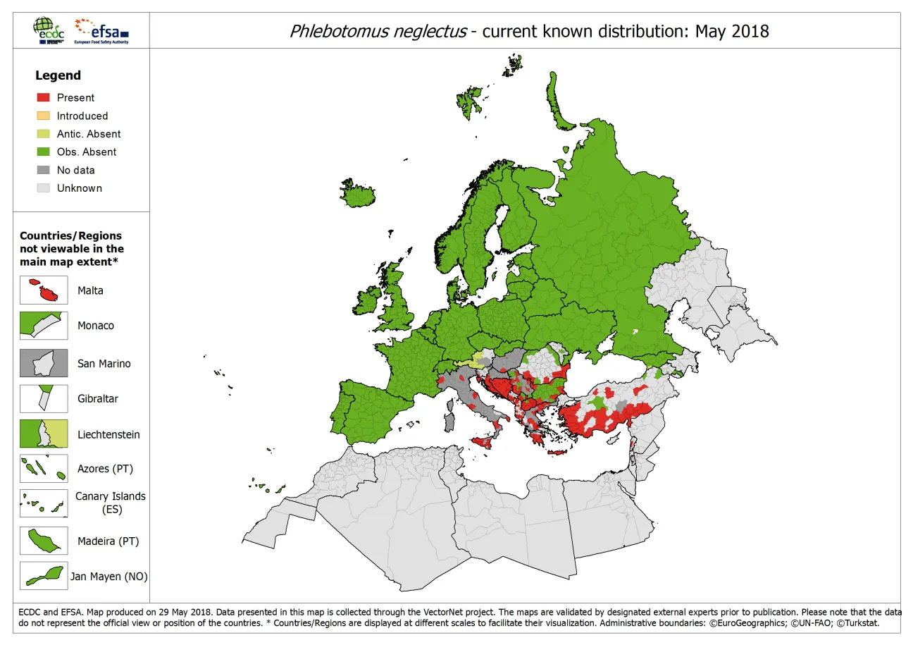 Phlebotomus neglectus - current known distribution: May 2018