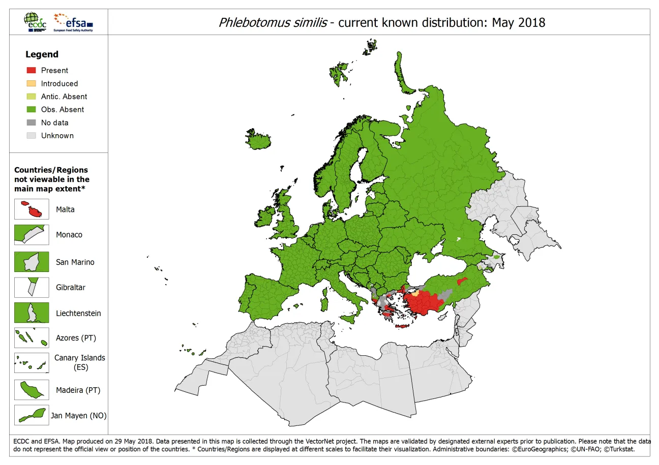 Phlebotomus similis - current known distribution: May 2018