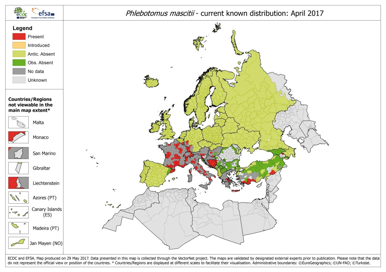 Map showing the distribution of Phlebotomus mascitii ticks in Europe, as of April 2017