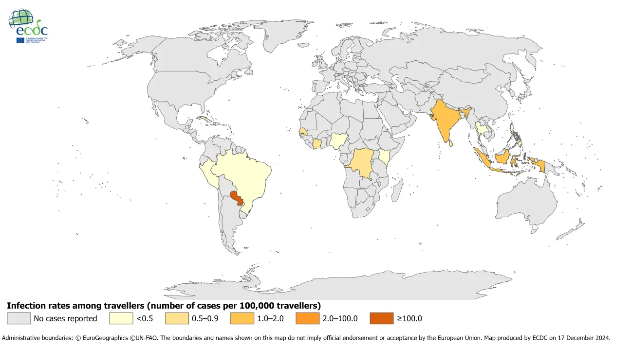 Rates of chikungunya infection among 100 000 travellers arriving in the EU/EEA, per country of infection, 2023
