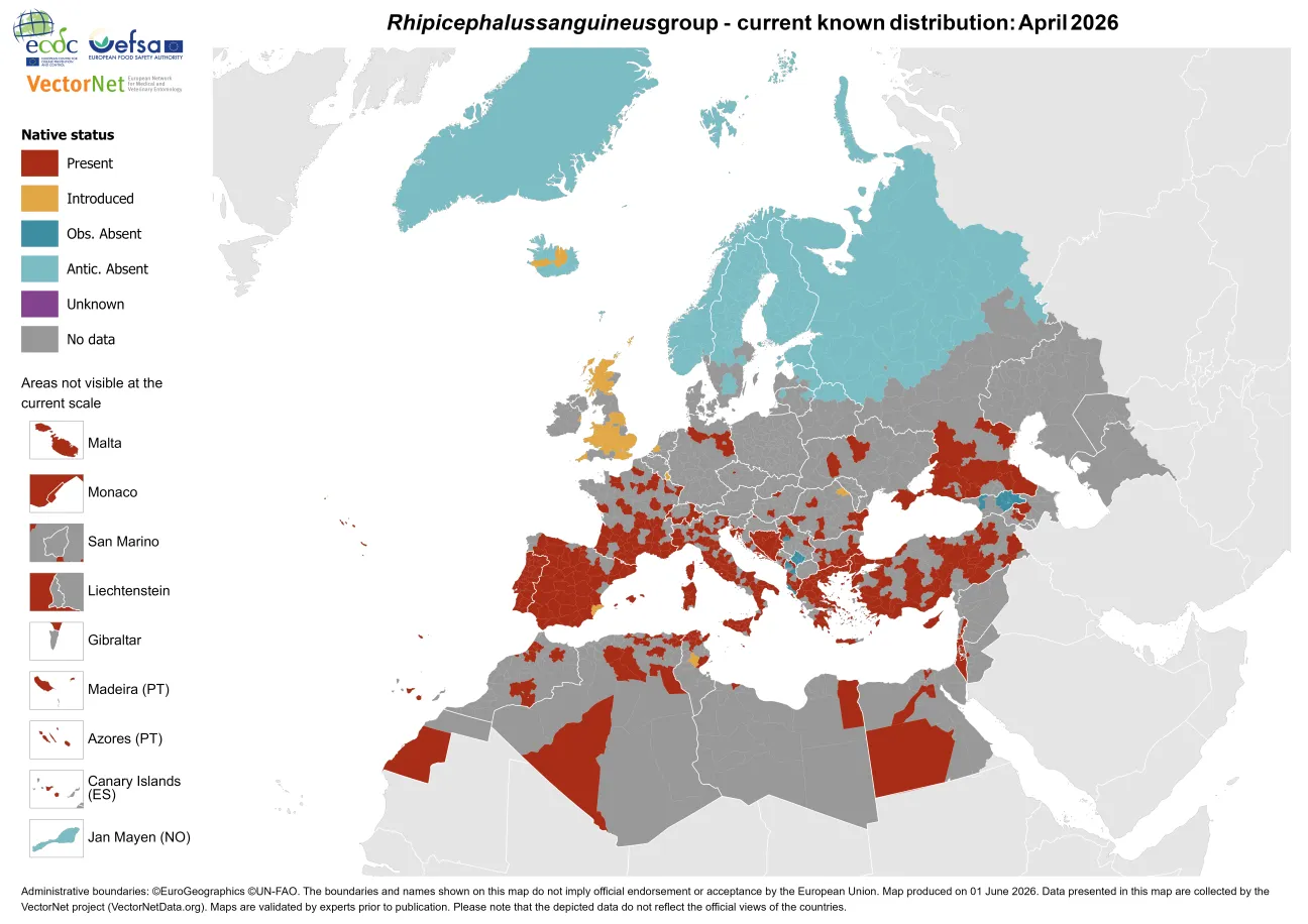 Rhipicephalus sanguineus - current known distribution: April 2026.png