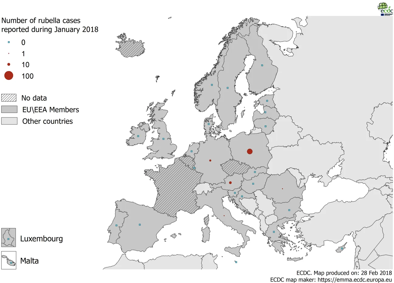 Distribution of rubella cases by country, January 2018 in EU/EEA countries