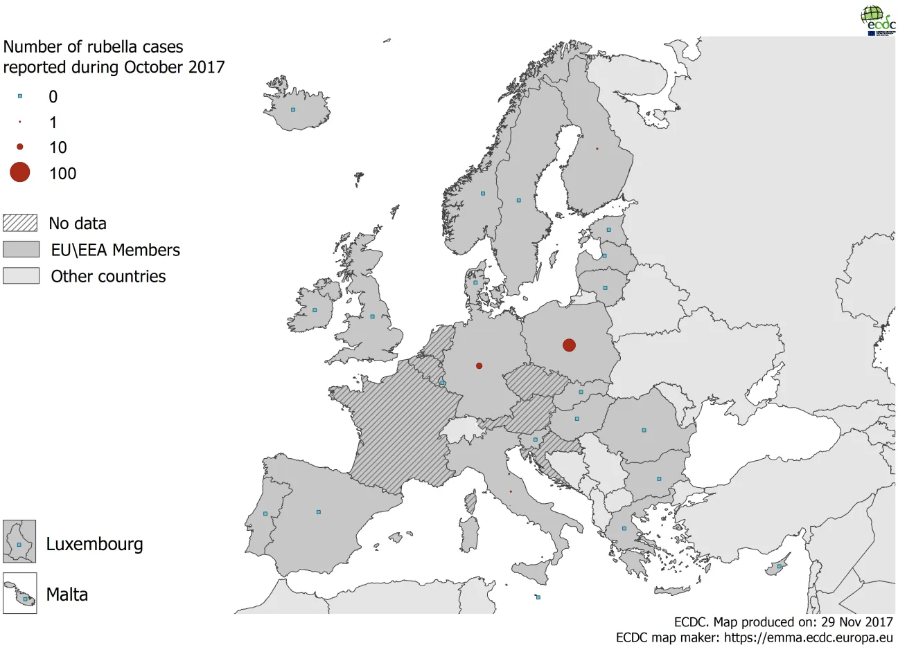 Distribution of rubella cases by country, 1 November 2016 - 31 October 2017, EU/EEA countries