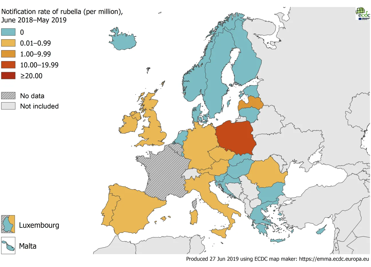 Rubella notification rate per million population by country, July 2019
