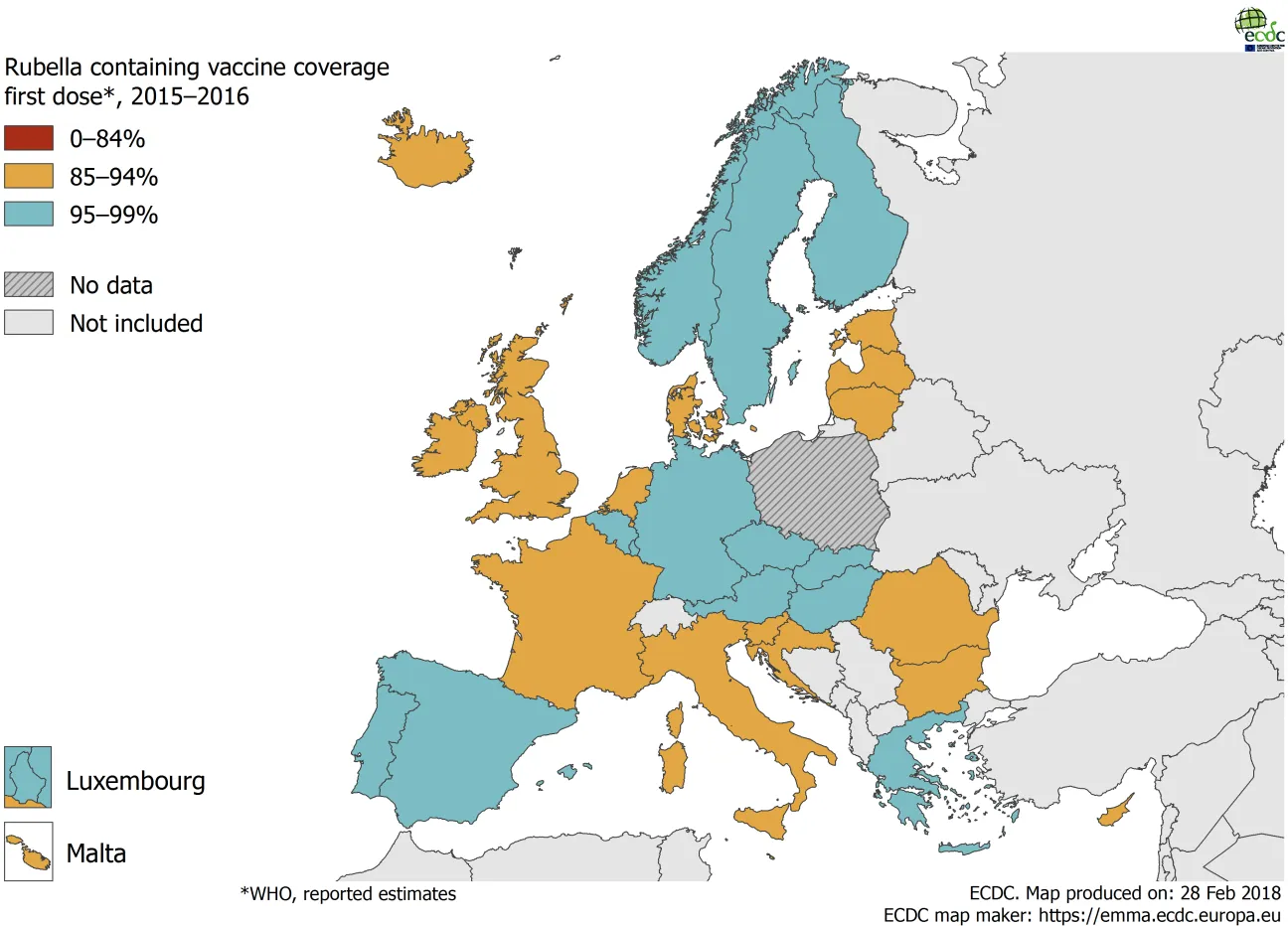 Vaccination coverage for the first dose of rubella-containing vaccine by country, 2015–2016, EU/EEA countries