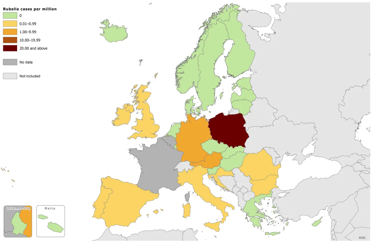 Rubella notification rate, April 2016 to March 2017