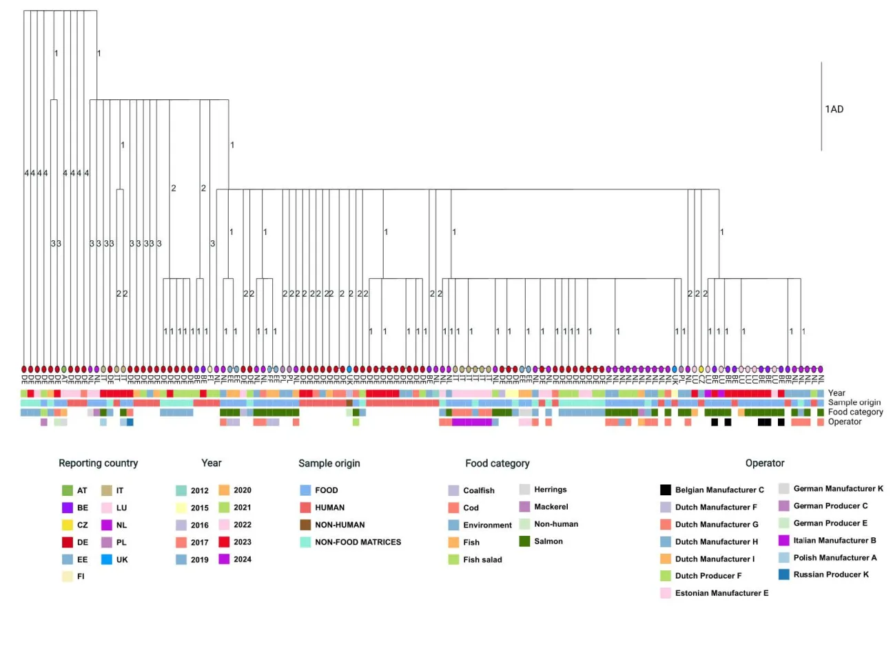 Single-linkage tree of L. monocytogenes ST173 isolates in the ‘My2’ sub-cluster 1 (n=121), including 38 human, 56 food, 26 processing environment, and one unspecified non-human isolate from 10 EU countries and the UK, as of 27 May 2024