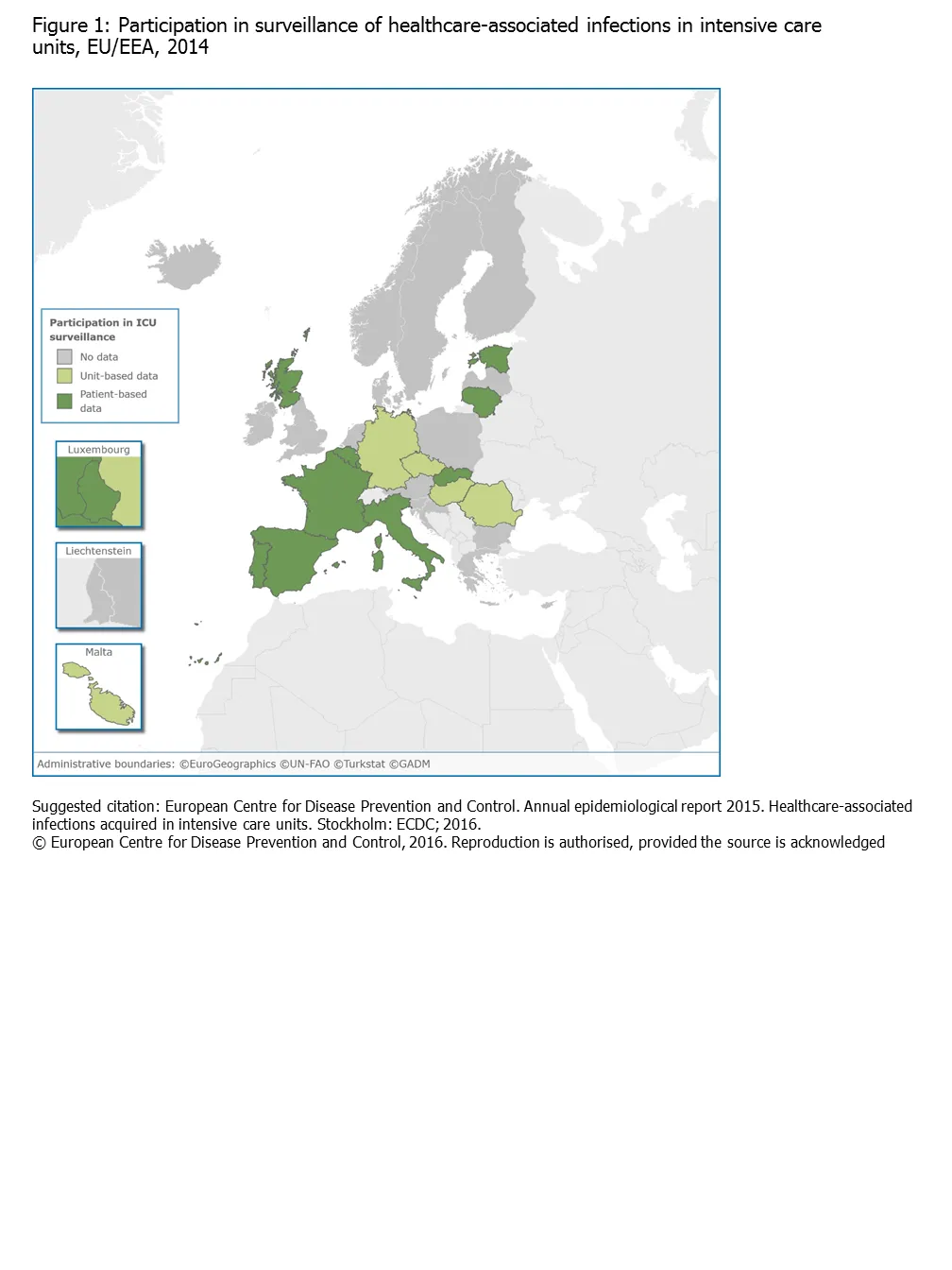 Figure 1. Participation in surveillance of healthcare-associated infections in intensive care units, EU/EEA, 2014
