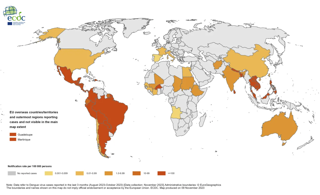 Three-month dengue virus disease case notification rate per 100 000 population, August-October 2023