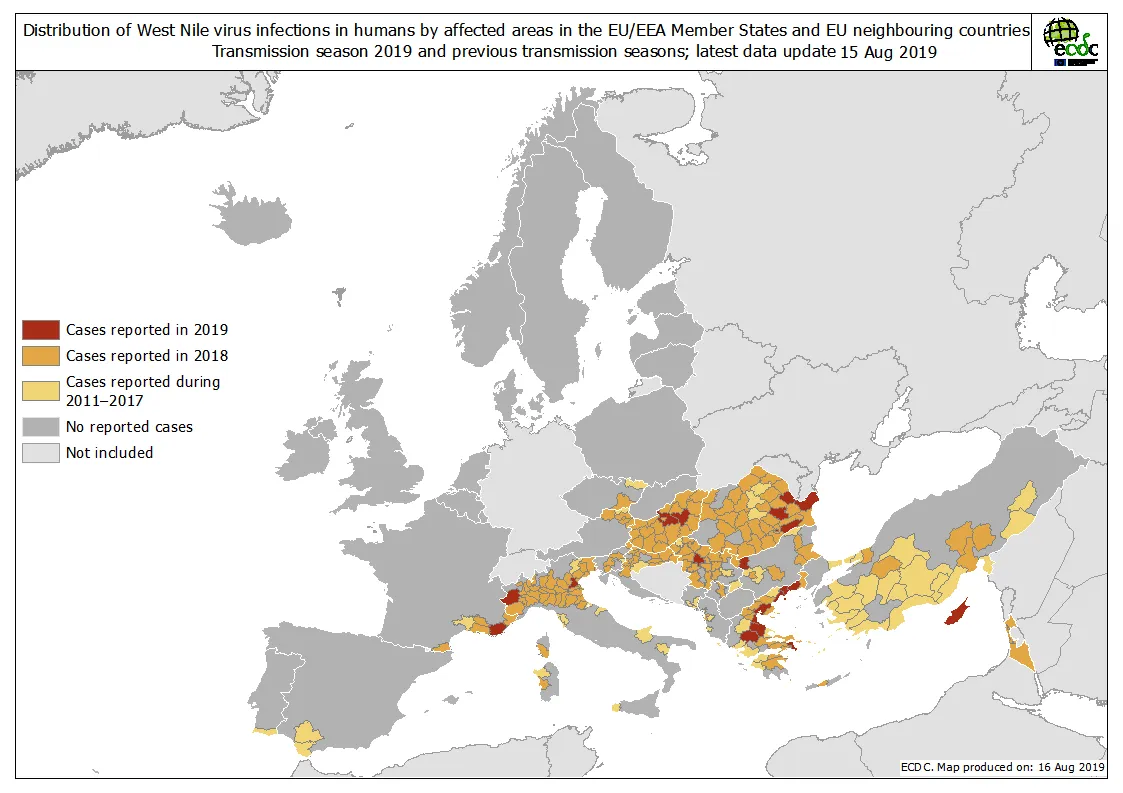 West Nile virus in Europe in 2019 - human cases compared to previous seasons, updated 15 August