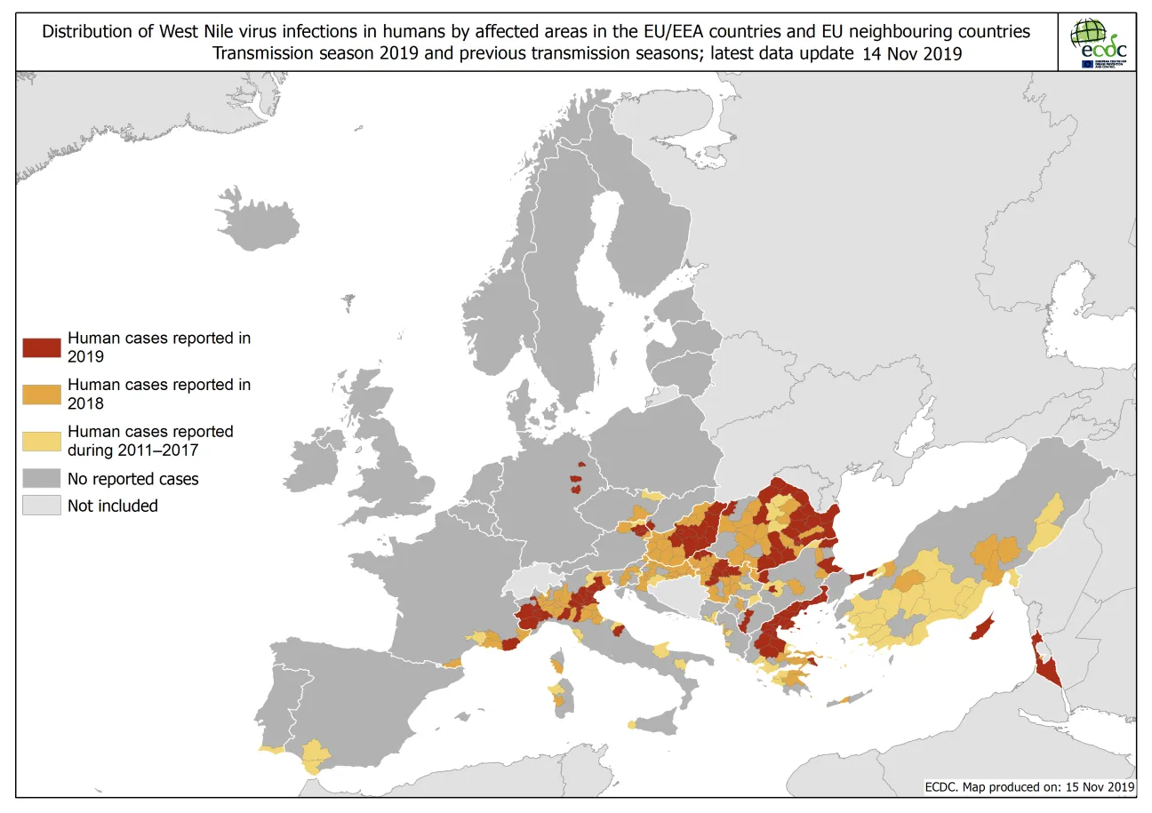 West Nile virus in Europe in 2019 - human cases compared to previous seasons, updated 15 November 2019