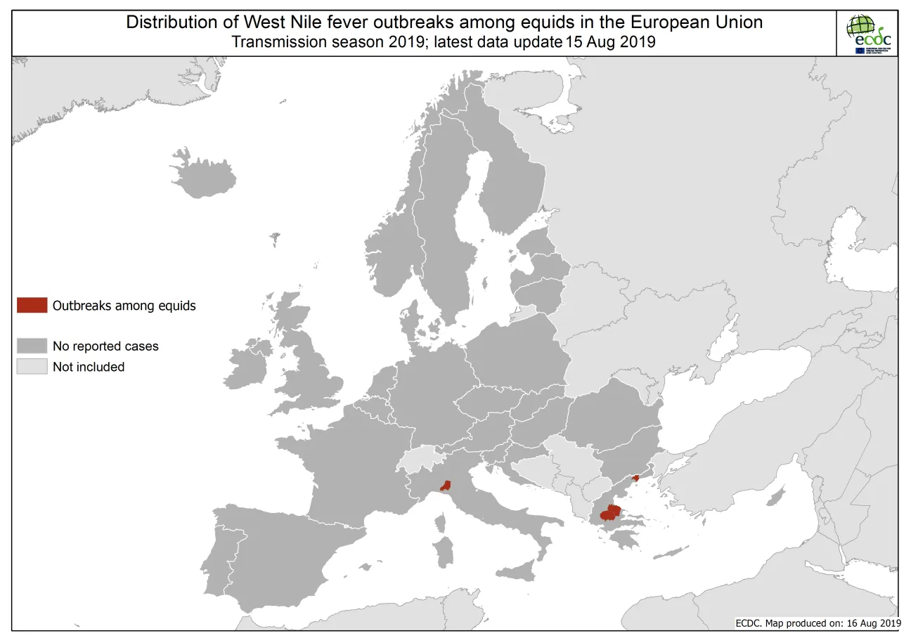 West Nile virus in Europe in 2019 - equine cases, updated 15 August