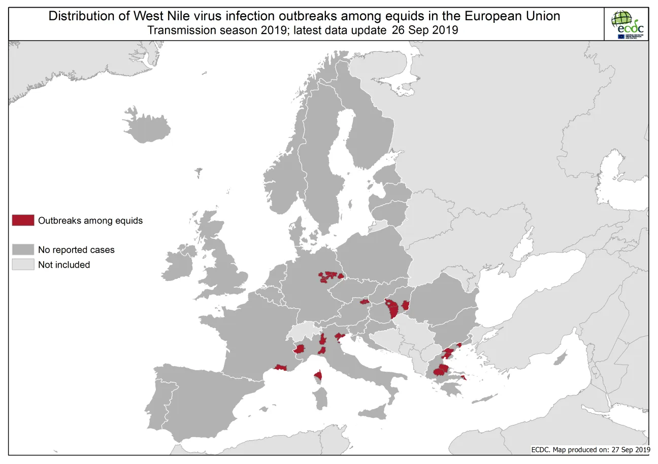 West Nile virus in Europe in 2019 - equine cases, updated 27 September 2019