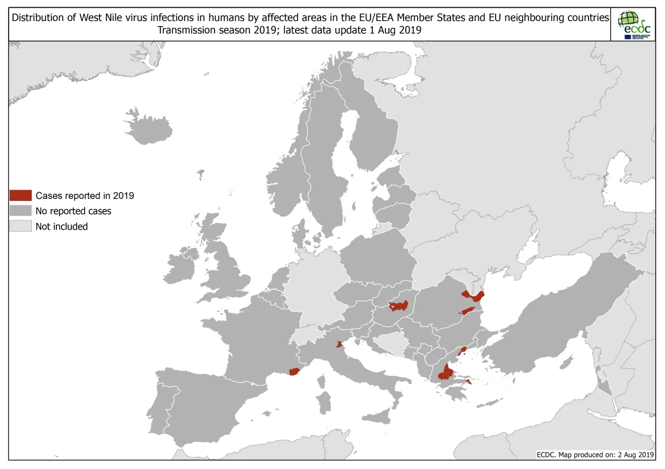 West Nile virus in Europe in 2019 - human cases, updated 1 August