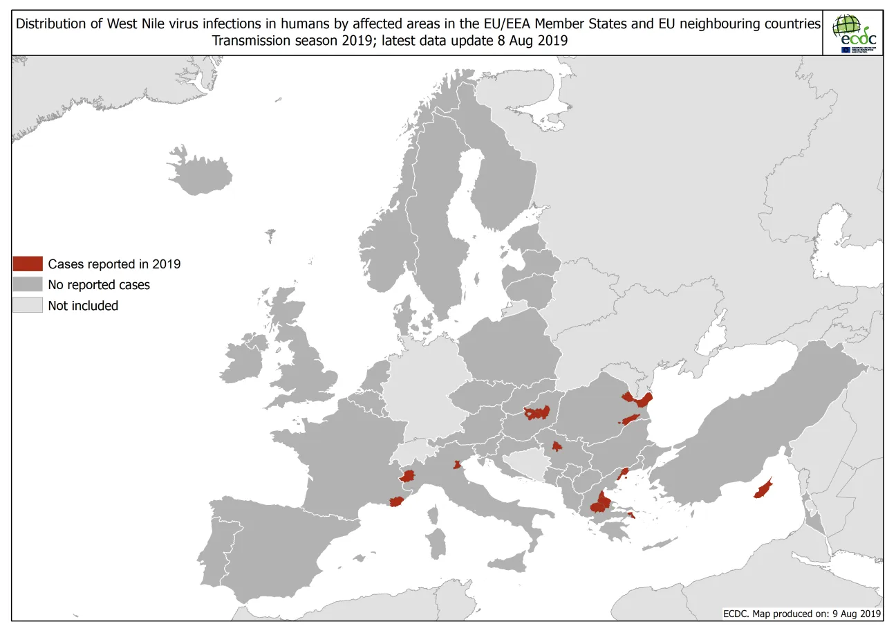 West Nile virus in Europe in 2019 - human cases, updated 8 August