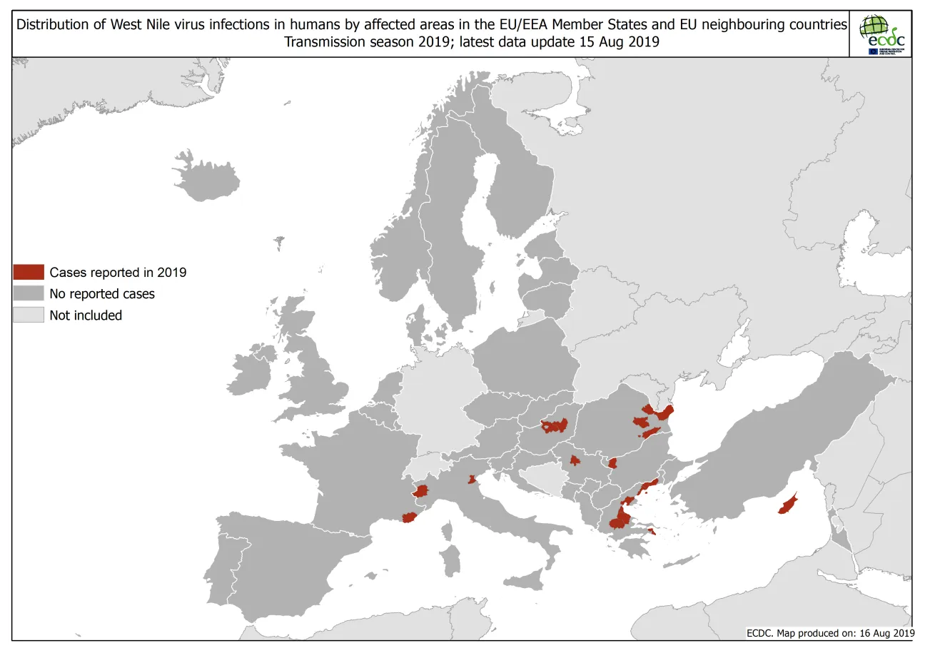 West Nile virus in Europe in 2019 - human cases, updated 15 August