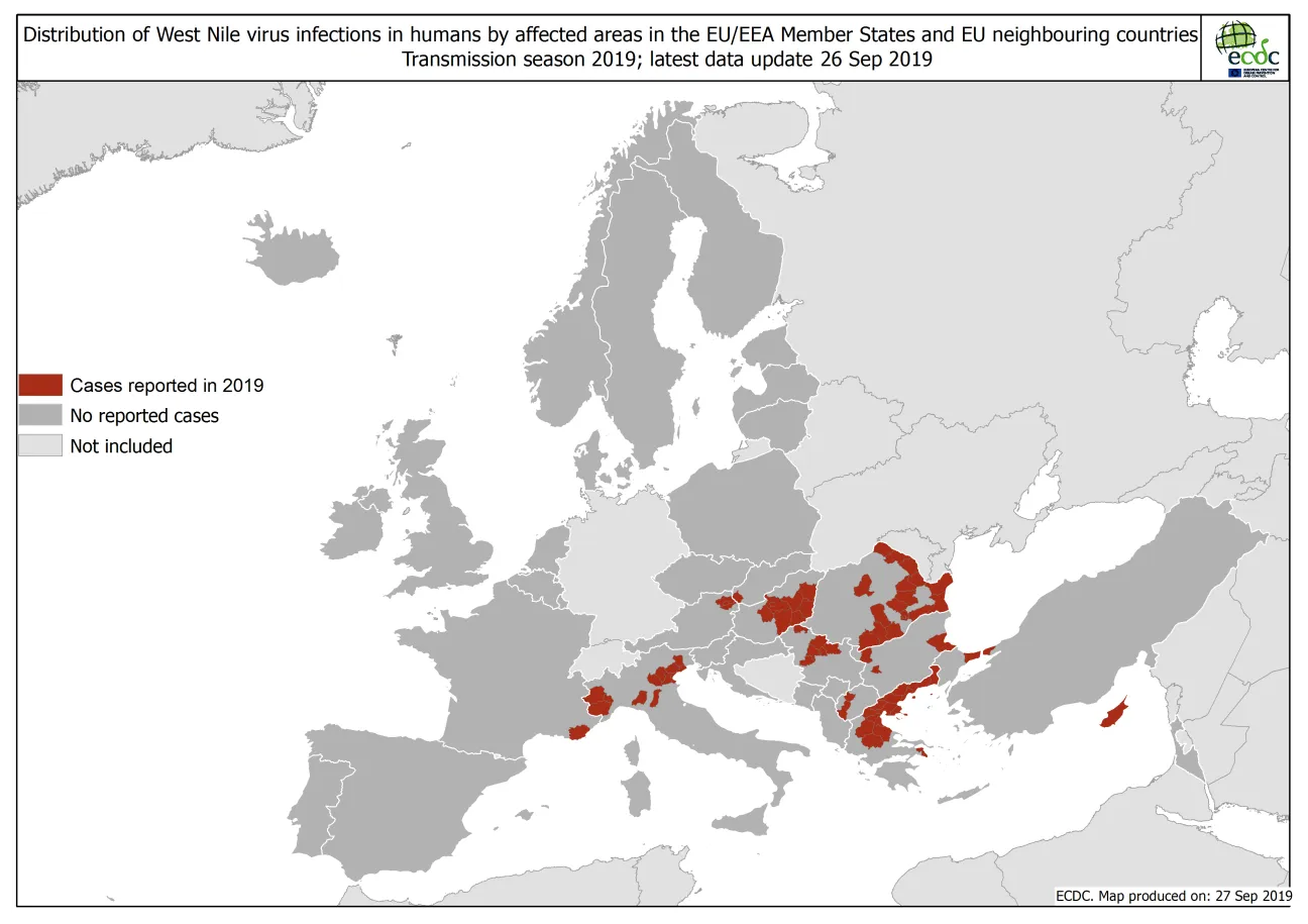 West Nile virus in Europe in 2019 - human cases, updated 27 September