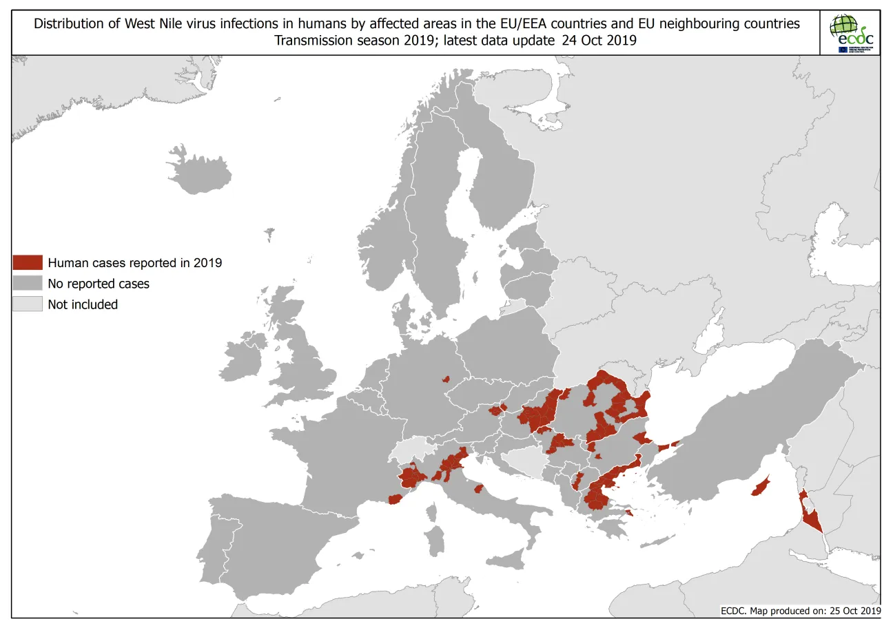 West Nile virus in Europe in 2019 - human cases, updated 25 October