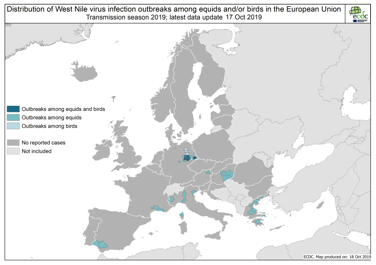 West Nile virus in Europe in 2019 - outbreaks among equids and/or birds, updated 18 October
