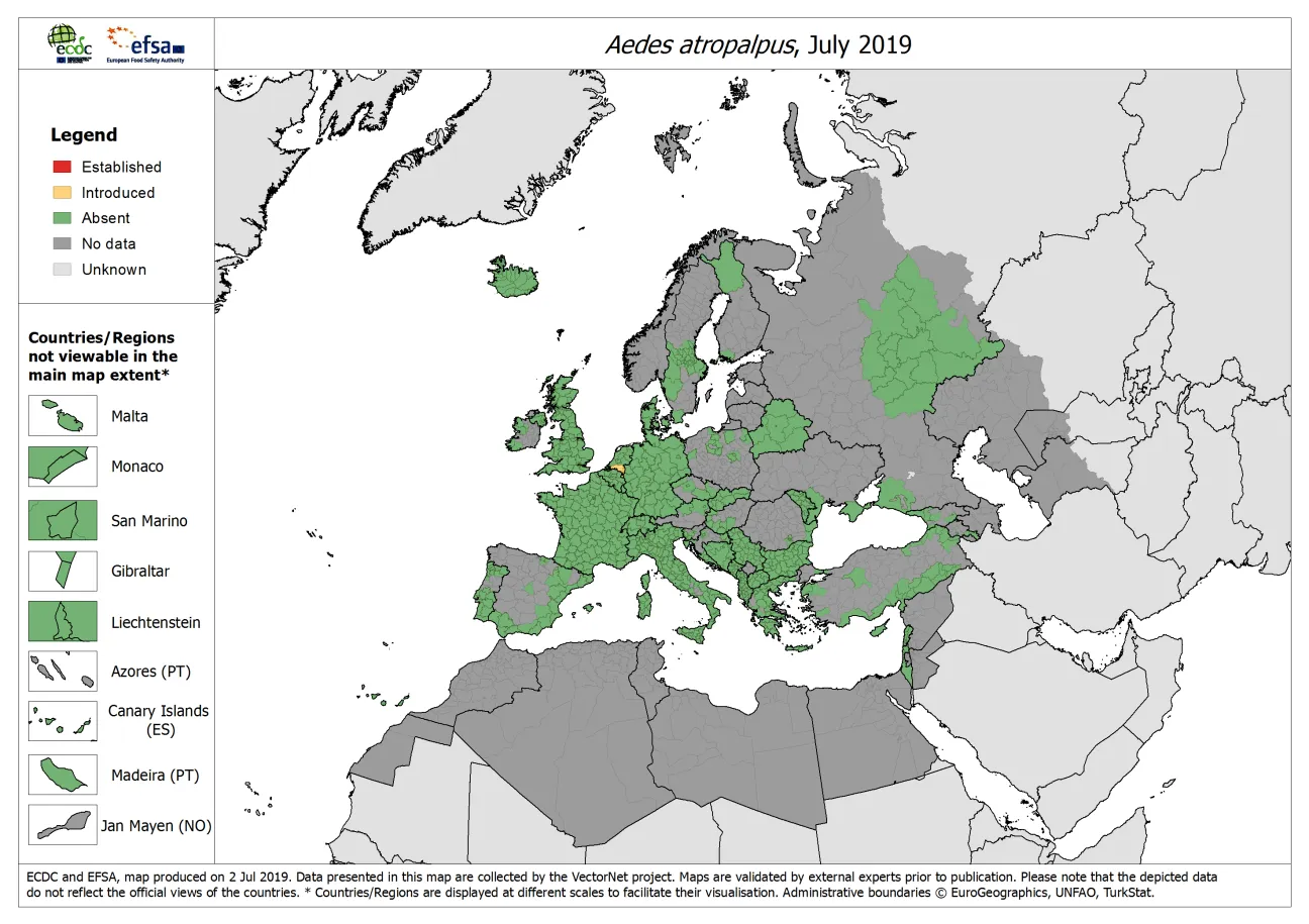 Aedes atropalpus - current known distribution: July 2019