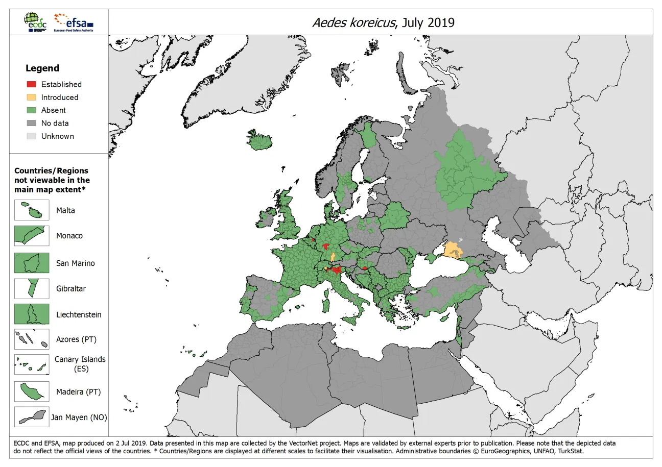 Map, Aedes koreicus - current known distribution: July 2019