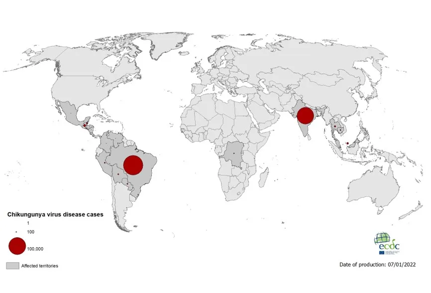 Geographical distribution of chikungunya virus disease cases reported worldwide, 2021