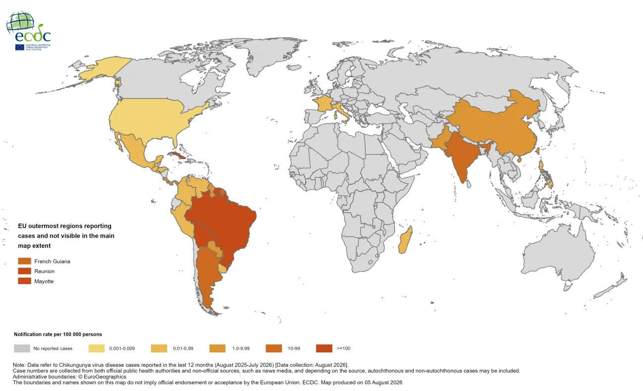12-month Chikungunya virus disease case notification rate per 100 000 population, August 2025-July 2026
