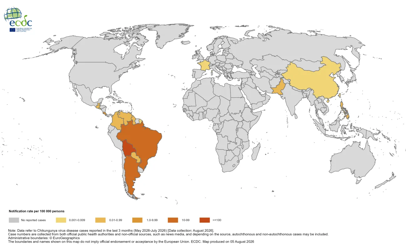 Three-month Chikungunya virus disease case notification rate per 100 000 population, May- July 2026