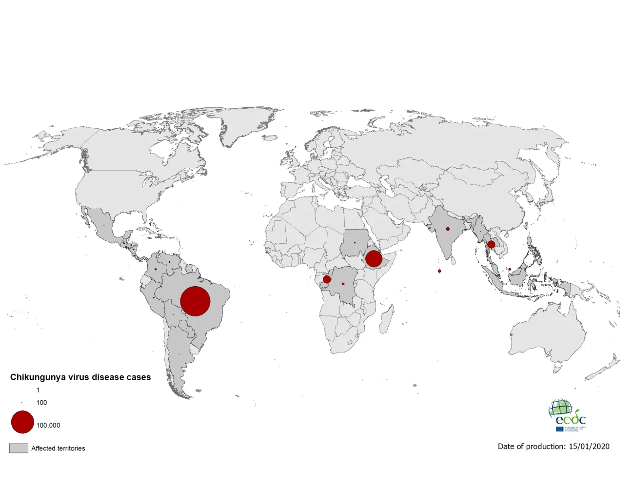 Geographical distribution of chikungunya cases reported worldwide in 2019
