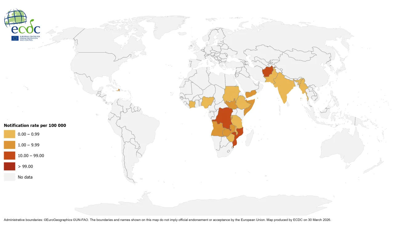 Geographical distribution of cholera cases reported worldwide from January to March 2026