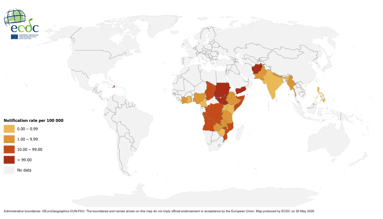  Geographical distribution of cholera cases reported globally from May 2025 to May 2026