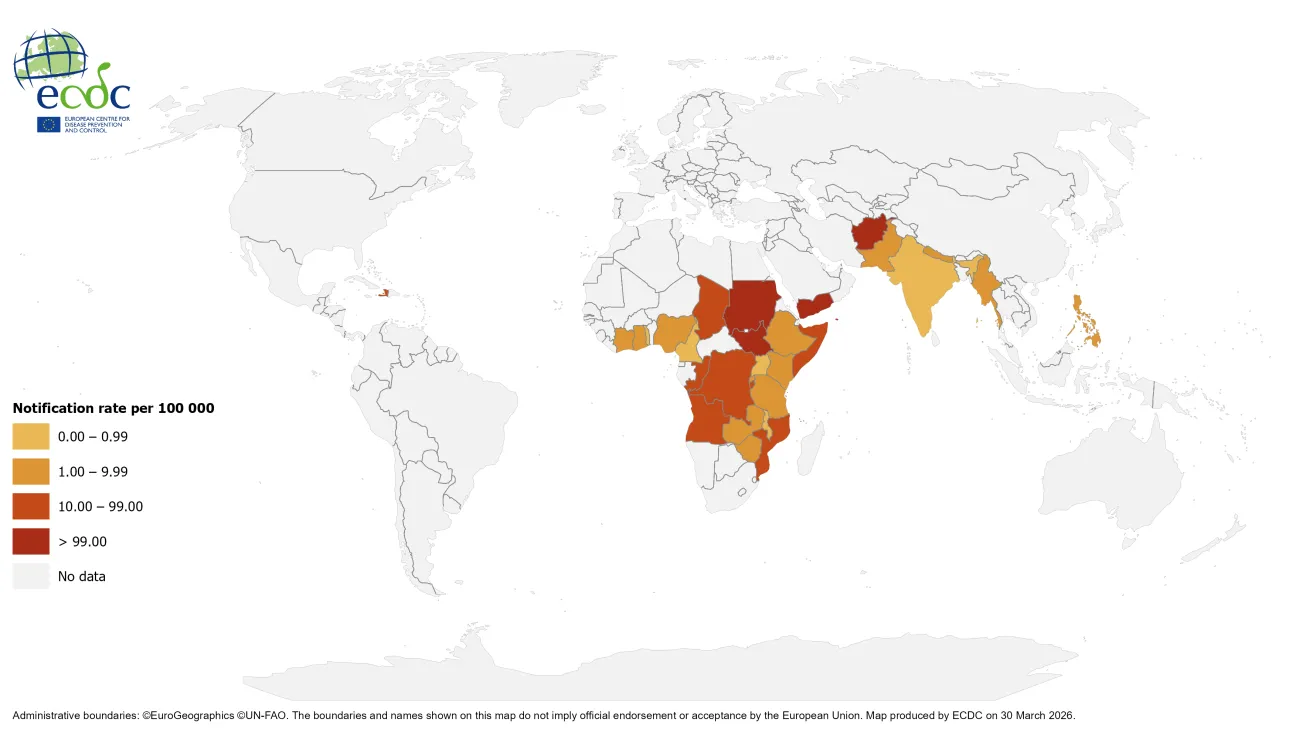 Geographical distribution of cholera cases reported worldwide from March 2025 to March 2026