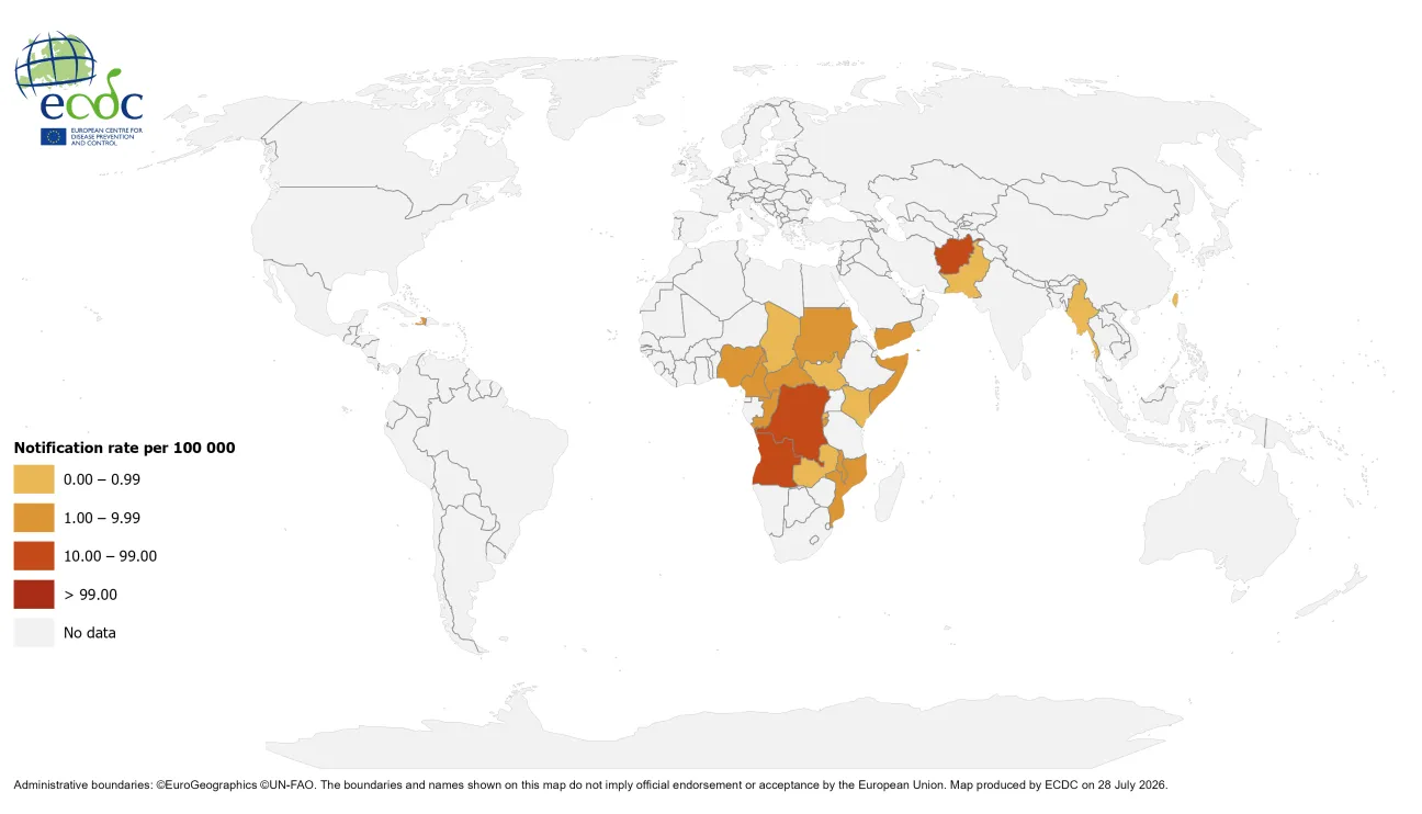 Geographical distribution of cholera cases reported worldwide from May to July 2026