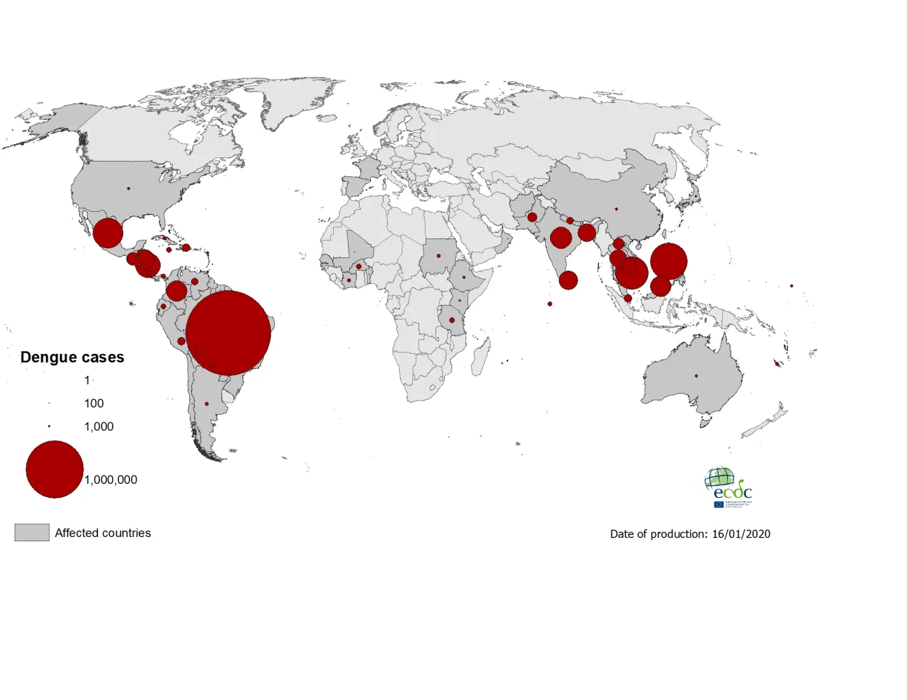 Geographical distribution of dengue cases reported worldwide, 2019