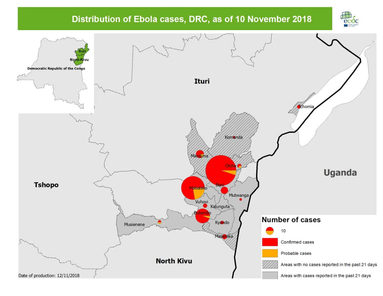 Distribution of Ebola cases, DRC, as of 10 November 2018