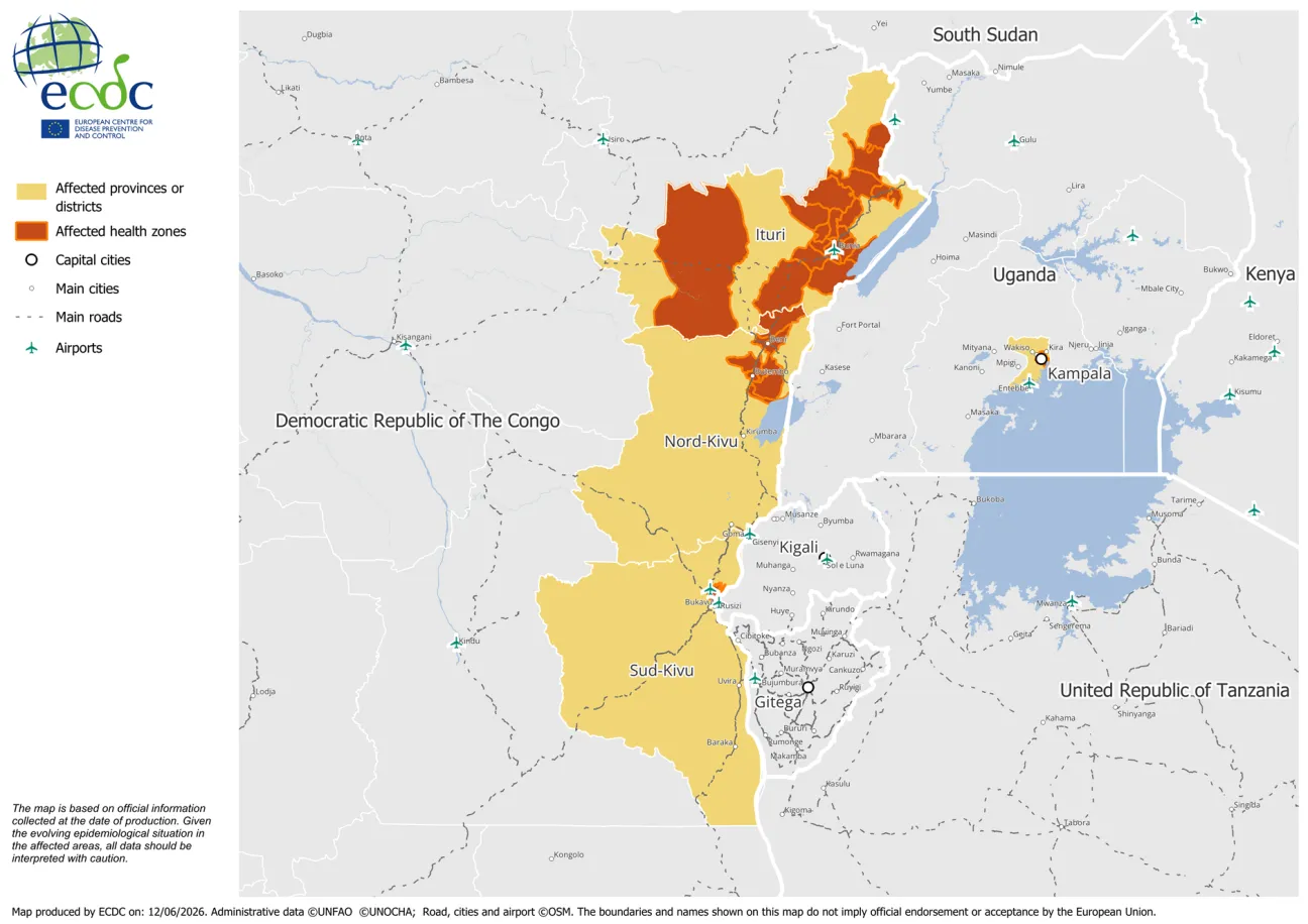 Map showing Ebola-affected areas in the DRC and Uganda (As of 12 June 2026)