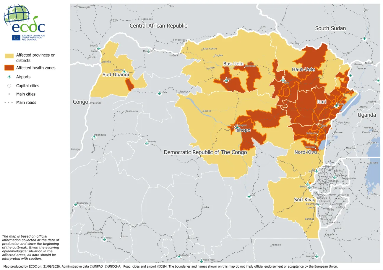 Map showing  Ebola cases 21 September 2026