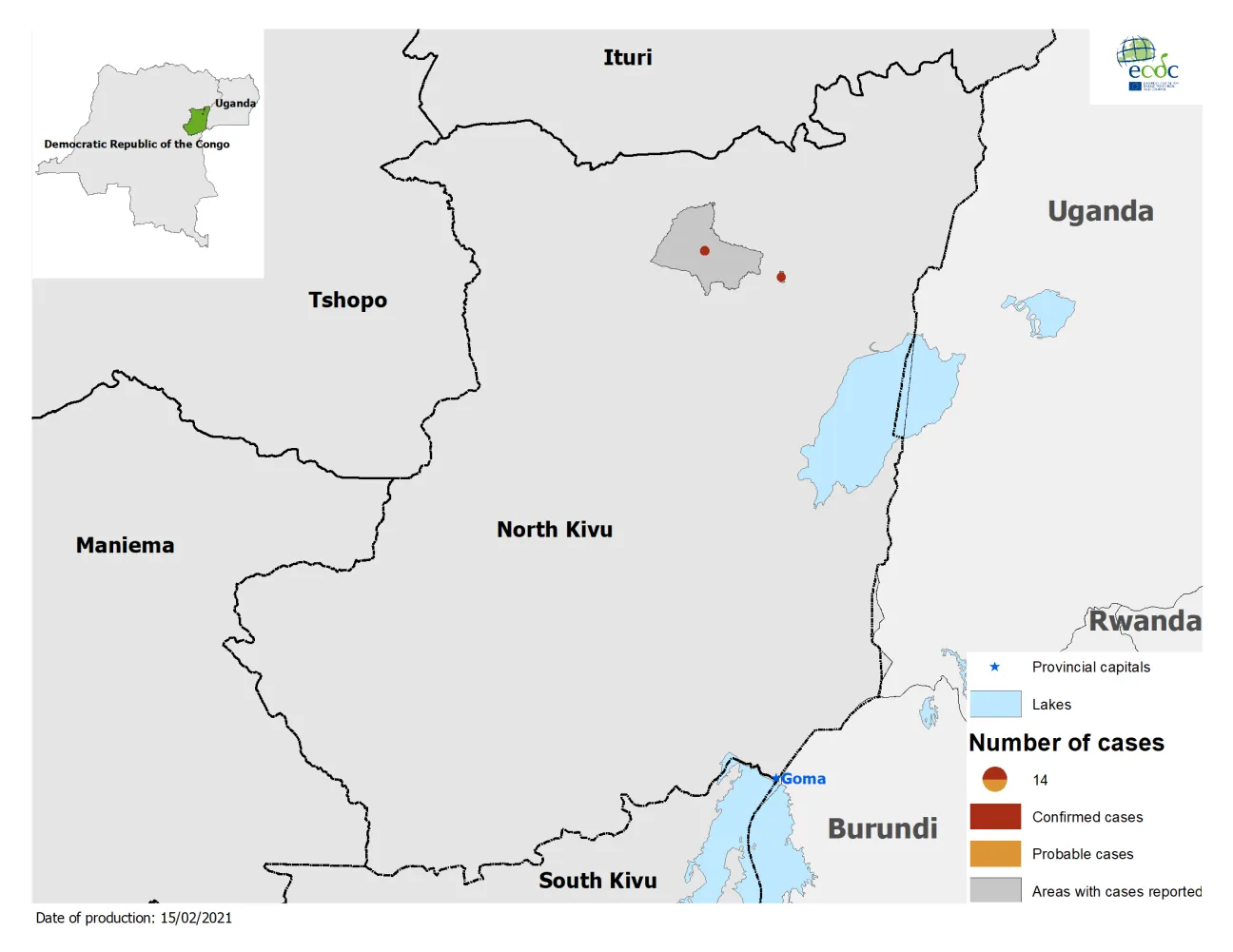 Distribution of Ebola in DRC, 15 February 2021
