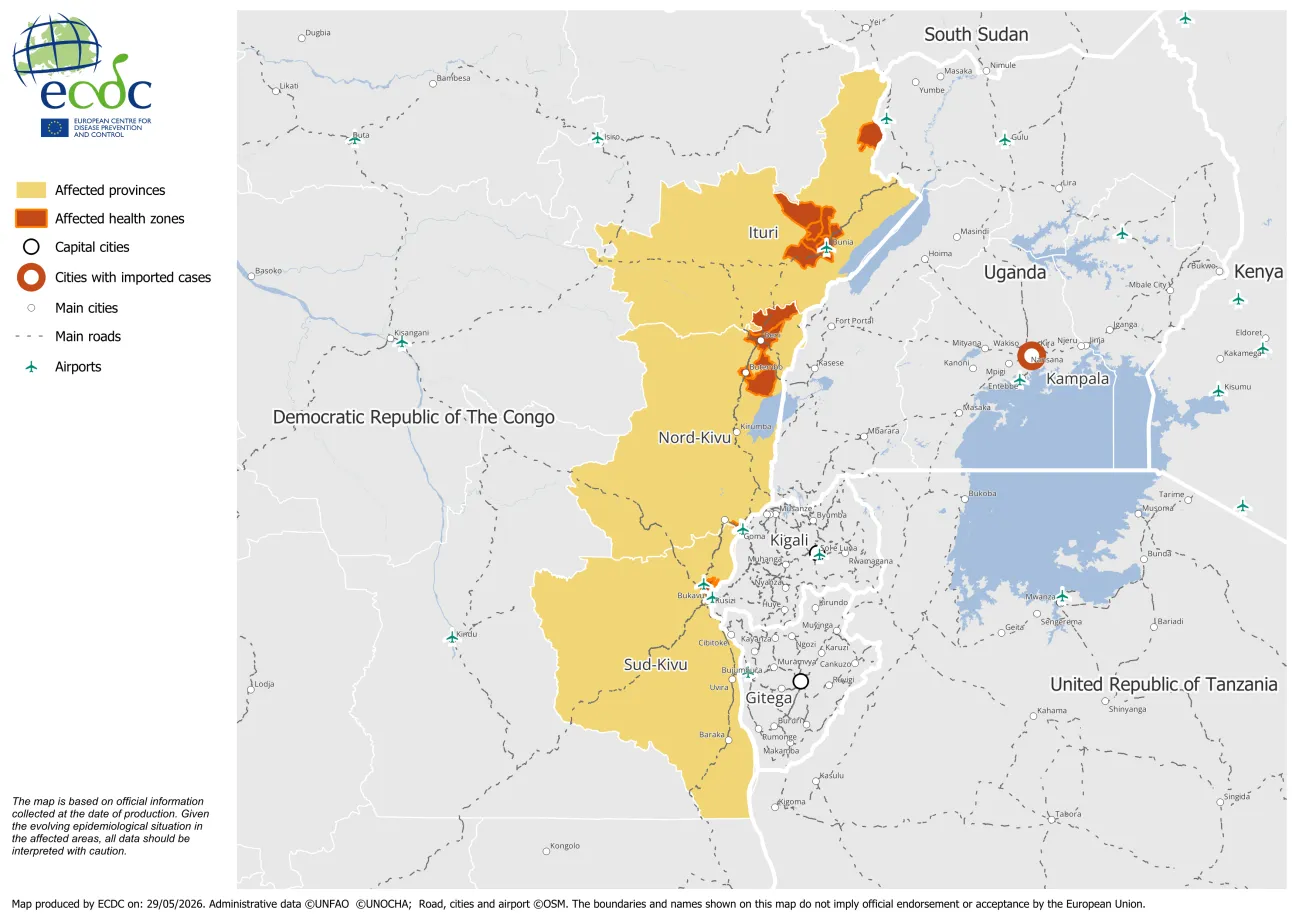 Areas affected by the ongoing Ebola disease outbreak