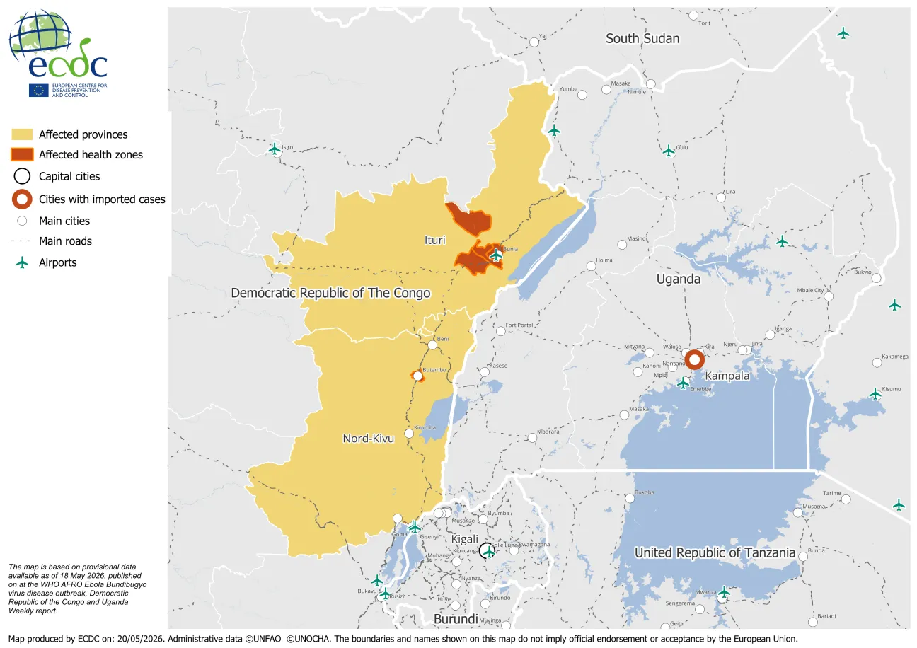 Areas in the Democratic Republic of the Congo and Uganda affected by the ongoing Ebola disease outbreak, using data available as at 18 May 2026
