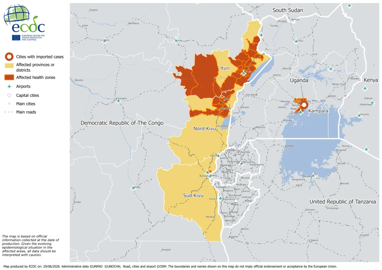 Areas affected by the ongoing Ebola disease outbreak, 29 June 2026
