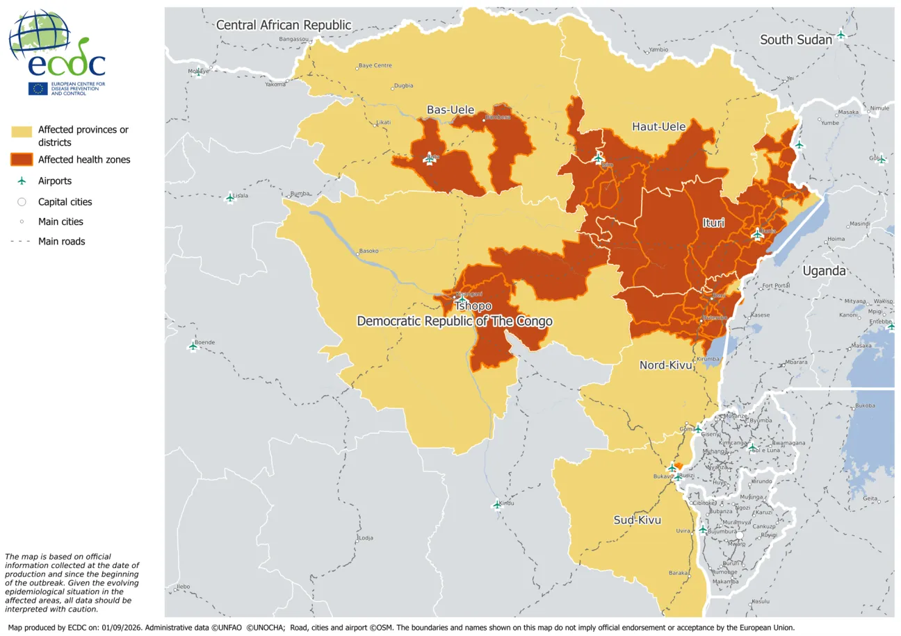 Areas affected by the ongoing Ebola disease outbreak - 1 September