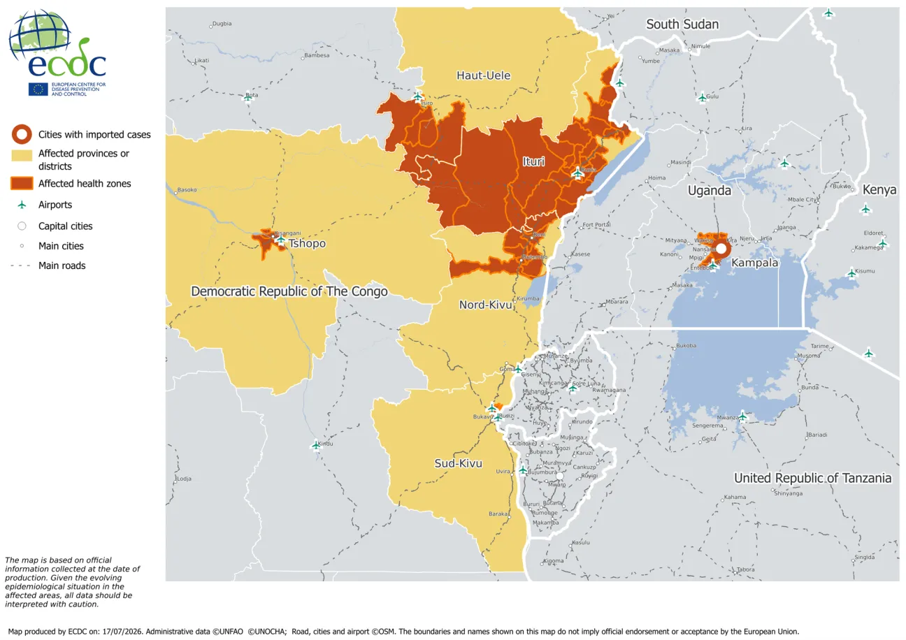Areas affected by the ongoing Ebola disease outbreak, 17 July 2026