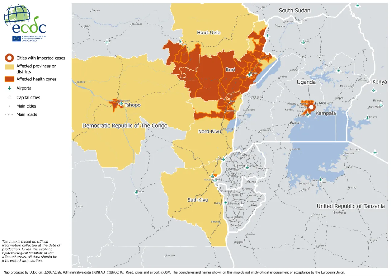 Areas affected by the ongoing Ebola disease outbreak, 22 July 2026