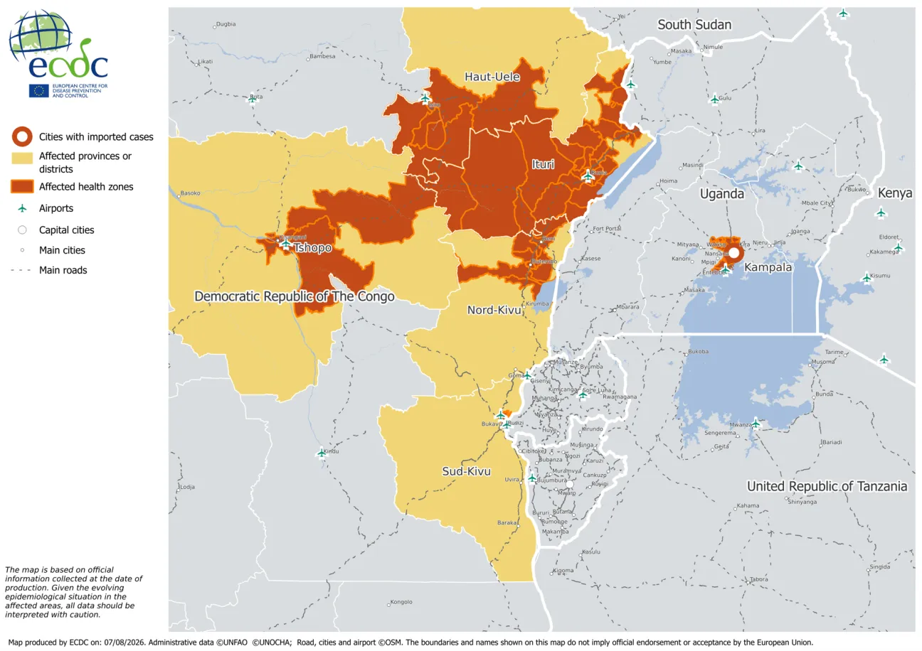 Areas affected by the ongoing Ebola disease outbreak, 7 August