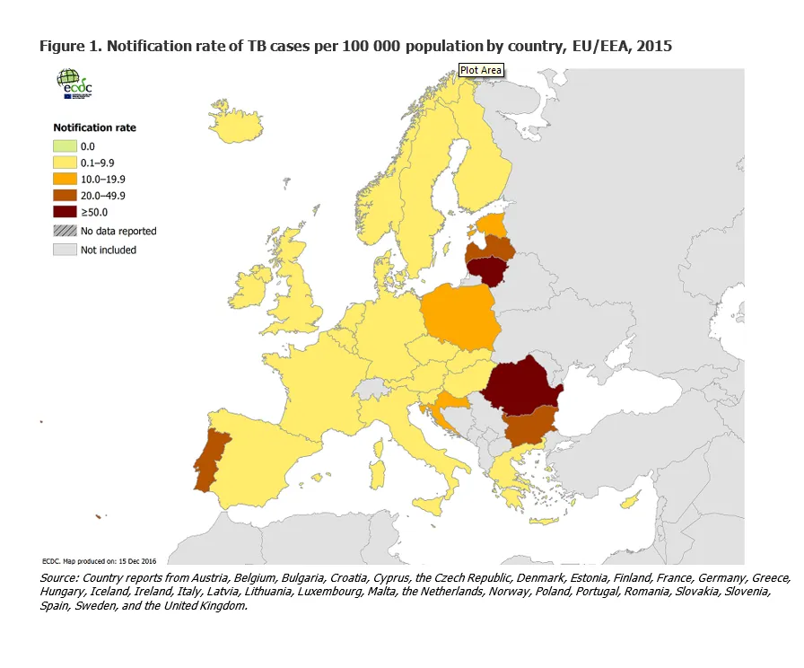 Notification rate of TB cases per 100 000 population by country, EU/EEA, 2015