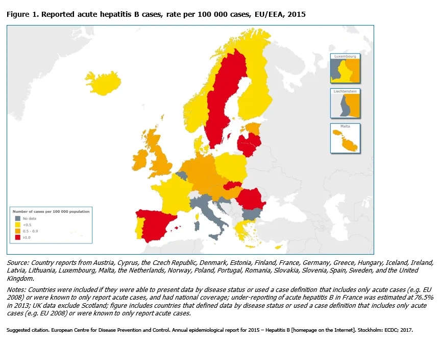 Reported acute hepatitis B cases, rate per 100 000 cases, EU/EEA, 2015