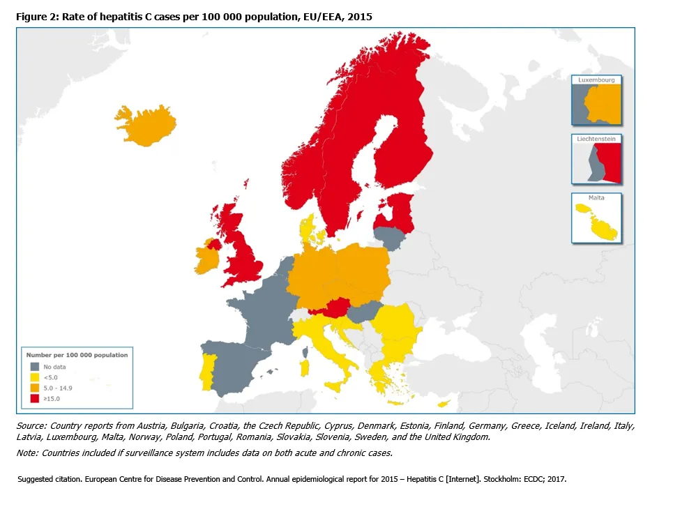 Rate of hepatitis C cases per 100 000 population, EU/EEA, 2015