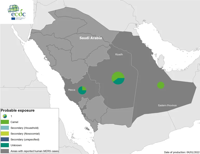 Geographical distribution of confirmed MERS-CoV cases by probable region of infection and exposure, from 1 January 2021 to 31 December 2021